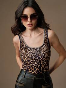 Anewsta 1 Peça Regata Feminina Elegante com Aplicação de Strass Estampa de Leopardo, Camiseta Feminina com Estampa de Guepardo