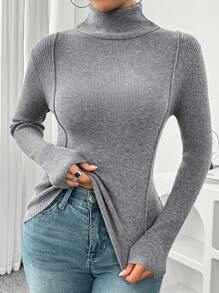 Chiquease Elegant Patchwork Ribbed Turtleneck Top For Women, Autumn & Spring Knit Pullover Fall Winter Outfit - Dark Grey - View 5