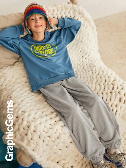 Set de 2 piezas con sudadera de cuello redondo de manga larga con estampado de eslogan y pantalones de chándal casuales para niño preadolescente, otoño