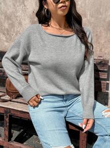 SHEIN LUNE Plus Size Casual And Simple Solid Color Gray One-Shoulder Slant-Shoulder Two-Wear Design Sweater, For Winter - Grey - View 6