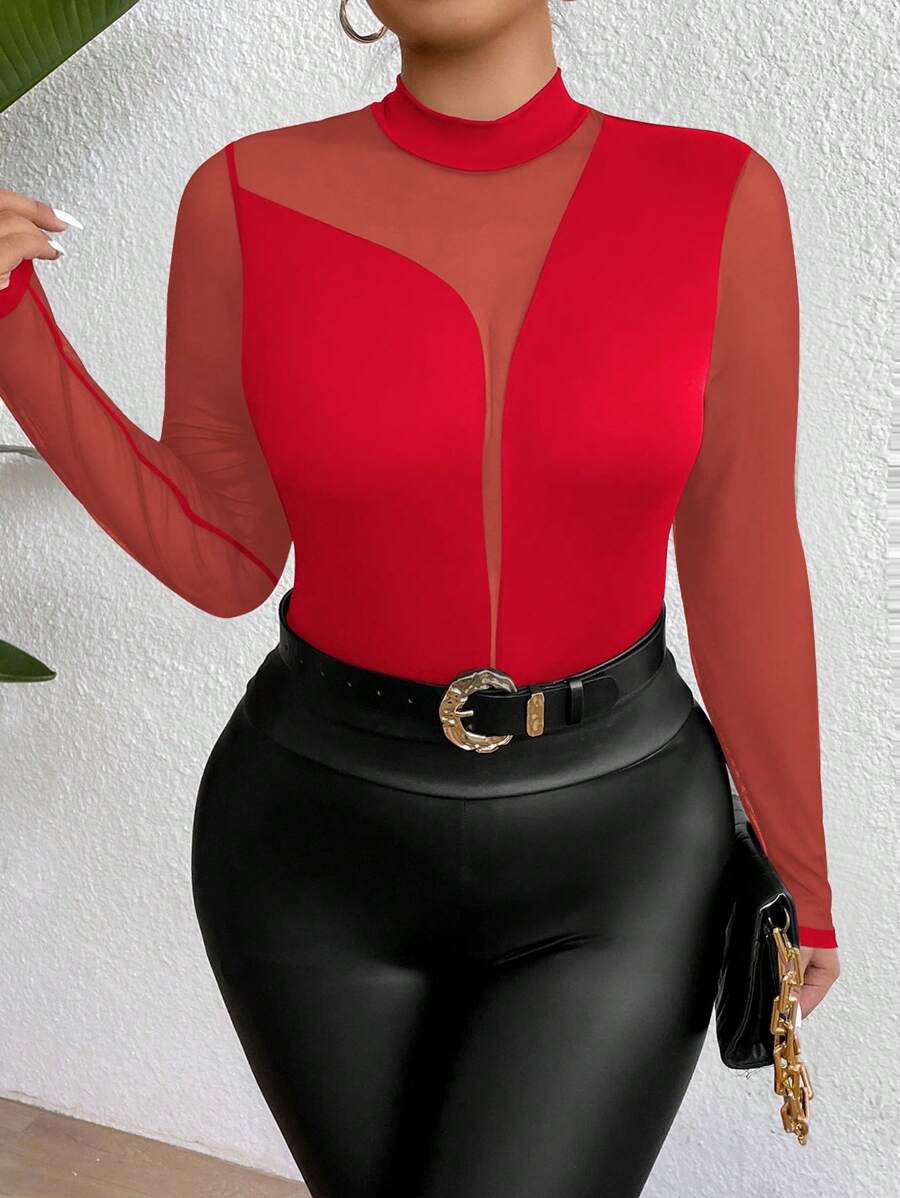 Celure Women Plus Size Solid Color Stand Collar Mesh Contrast Fitted T-Shirt For New Year Clothes Graphic Tees Women Tops