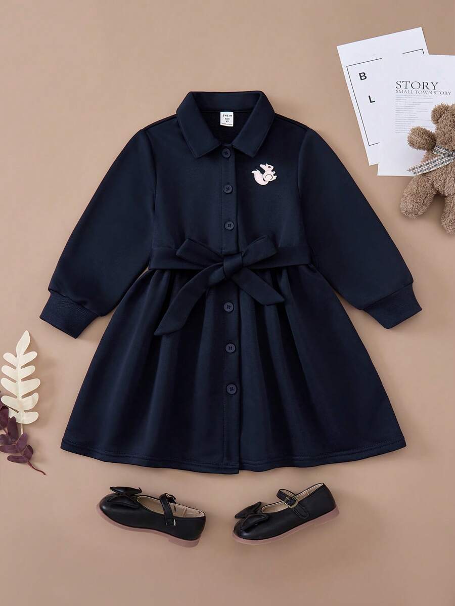 PrepCrw 年轻女孩学院风靛蓝针织合身前扣领连衣裙，秋冬 - 藍色 - 查看 1