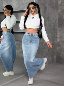 SHEIN EZwear 秋季休闲洗水长款牛仔裙