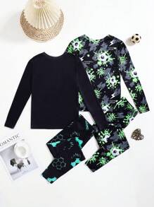SHEIN Conjunto de pijama de 4 piezas para niño preadolescente con top de manga larga raglán con gráfico de fútbol fluorescente de cuello redondo y pantalones ajustados y cómodos