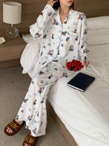 DAZY Cute Dog Allover Print Loose Pajama Set - White - View 6