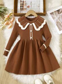 SHEIN Robe pull en tricot avec col claudine orné de perles, style simple et élégant pour jeunes filles. Tissu doux, convient pour le quotidien, les sorties, les voyages, les vacances, la maison, la crèche, les jeux, l'école, les fêtes