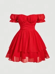 SHEIN MOD Zomervakantie/Date Blauwe Effen Off-Shoulder Multi-Layer Ruffle Grote Strik Casual Jurk, Plus Size