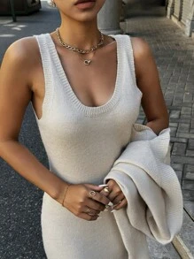 SHEIN Unity 2pcs Set - Solid Color Sweater & Ribbed Camisole Dress Set For Women - Apricot - View 5