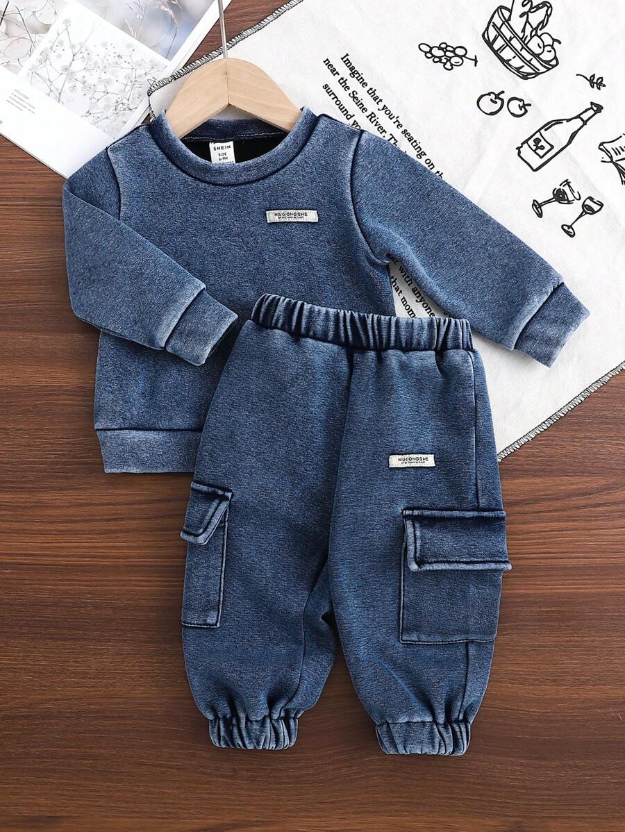 Bộ 2 quần nỉ cổ tròn phong cách đường phố cho bé trai và bé gái, trang phục thời trang cho các buổi đi chơi, chụp ảnh và tụ tập vào mùa xuân/thu - Màu xanh lam - Xem 1