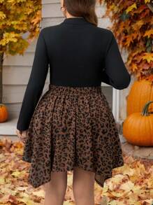 SHEIN LUNE Plus Size Women Casual Patchwork Leopard Print Asymmetrical Hem Dress, Autumn/Winter Thanksgiving Outfit Holiday Outfit
