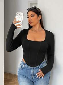 SHEIN EZwear Plus Size Women's Party Tops Square Neck Fitted Asymmetrical Hem Long Sleeve Black T-Shirt,Winter Clothes For Women
