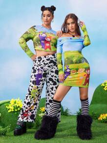 Teletubbies X SHEIN Plus Size Spring/Summer Y2K Coquette Kawaii Warm Retro Cow Print Tinky Winky Dipsy Laa-Laa Po Graphic Pants