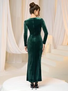 SHEIN Belle Đầm dạ hội trang trọng dài tay cổ chữ V xếp nếp chéo thanh lịch dành cho nữ, váy dạ hội, dành cho khách dự tiệc cưới, tốt nghiệp, tiệc tối, giáng sinh - Màu xanh lá cây đậm - Xem 2