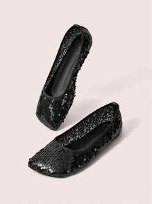 CUCCOO DOLLMOD Asymmetric Toe Flat Black Mesh Bead Embellished Fashionable Party Minimalist Flat Shoes For Women, Autumn/Winter Valentine's Day