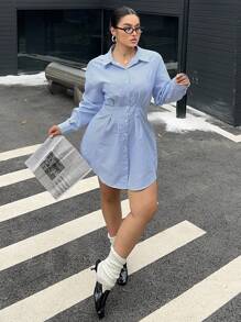 Flirla 休闲条纹腰部荷叶边收腰长袖迷你连衣裙 - 藍色 - 查看 5