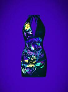 SHEIN LUNE 荧光彩色印花深 V 领吊带连衣裙迷你短款女装 - 彩色 - 查看 1