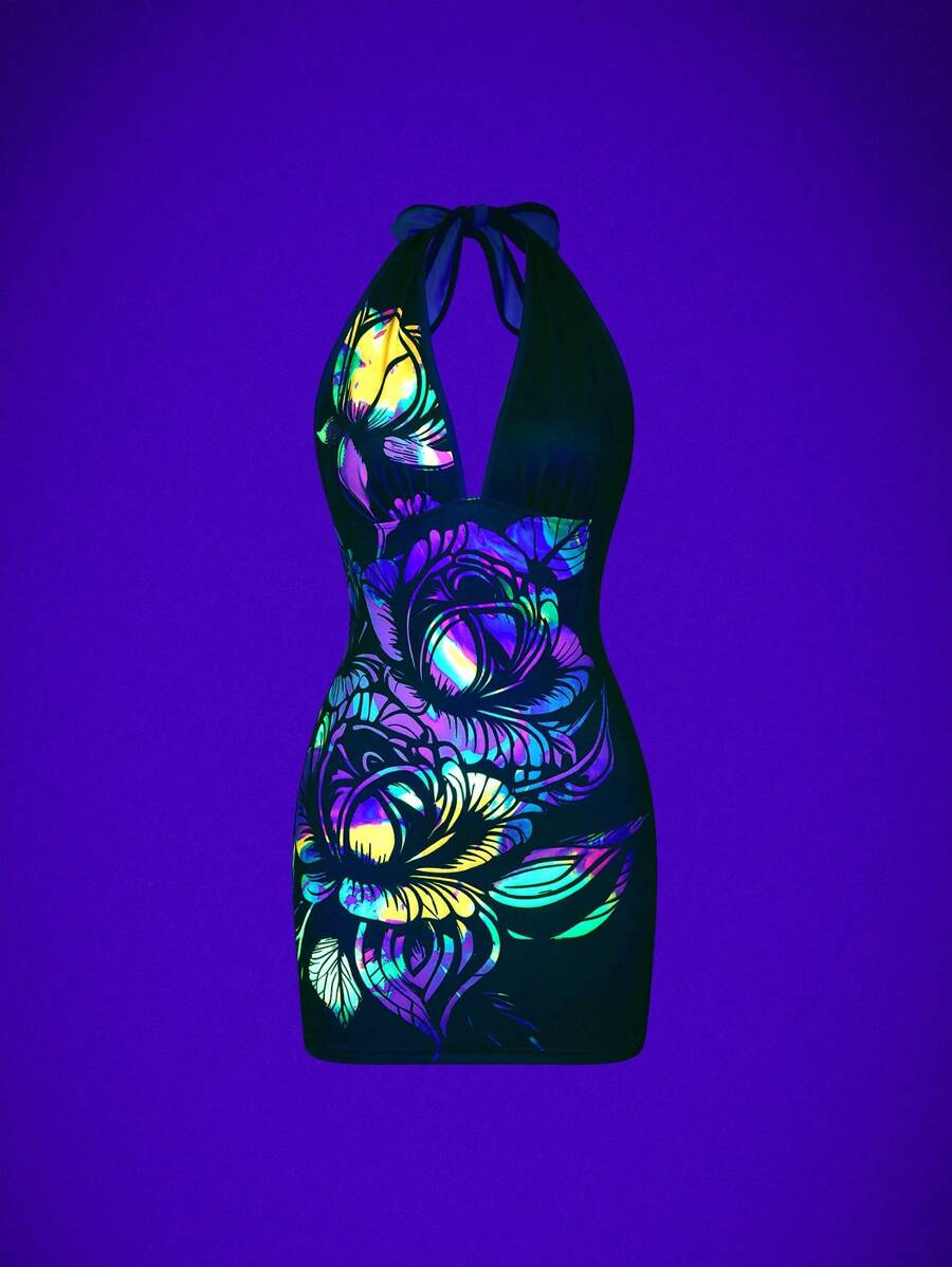 SHEIN LUNE 荧光彩色印花深 V 领吊带连衣裙迷你短款女装 - 彩色 - 查看 1