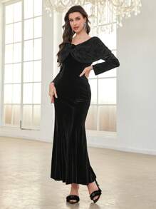 Modelyn Robe fourreau en tricot à encolure en V élégante avec pièce en velours sur les épaules pour femme. Longue robe de soirée pour femmes