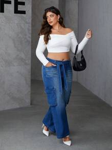 SHEIN Essnce Quần Jeans Ống Rộng Túi Hộp Size Lớn Cho Nữ Thường Ngày Đa Năng Rộng Rãi - màu đen - Xem 3