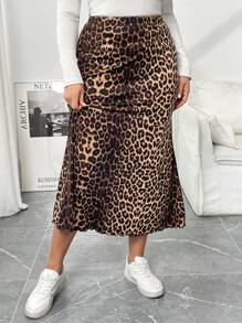 SHEIN Essnce 大码女装夏秋季休闲时尚舒适针织弹力棕色豹纹裙，秋季女装，Y2k，女式下装，曲线裙，工作服，黑色和棕色裙子 - 棕色 - 查看 1