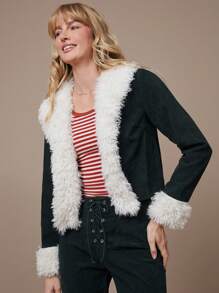 WESTFADE Faux Fur Trim Corduroy Boho Cropped Jacket Western Nashville Outfits - Dark Green - View 4