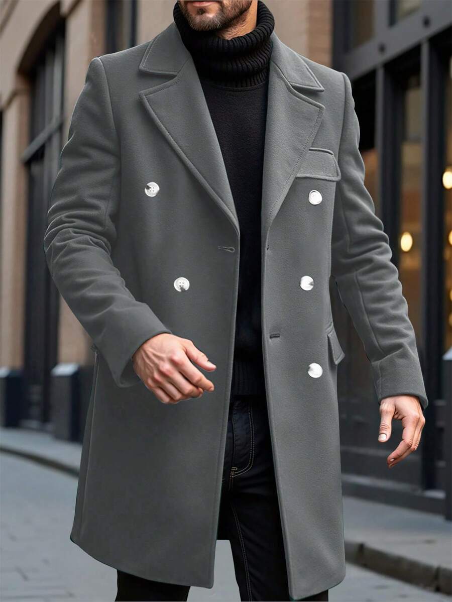 Manfinity Homme Men's Solid Color Turn-Down Collar Double-Breasted Casual Overcoat For Autumn/Winter - Grey - View 1