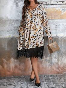 SHEIN LUNE Vestido de manga larga con cuello en V, estampado de leopardo y parches de encaje, para primavera/otoño