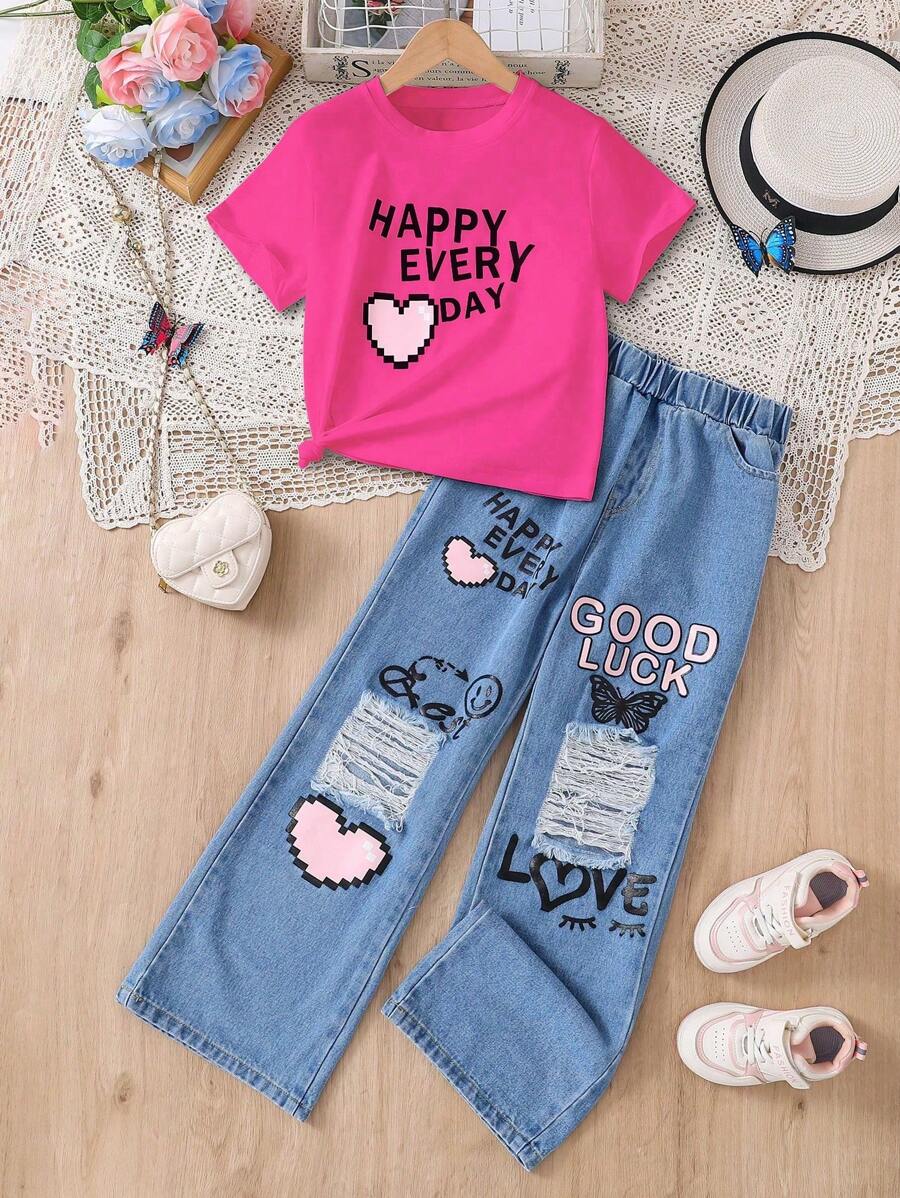 2 件装 Tween Girls 字母印花短袖 T 恤和牛仔裤套装 - 玫紅色 - 查看 1