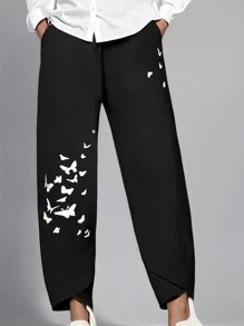 SHEIN LUNE Women's Loose Butterfly Print Harem Pants, Comfortable Soft High Waisted Wide Leg Casual Trousers - Black - View 1