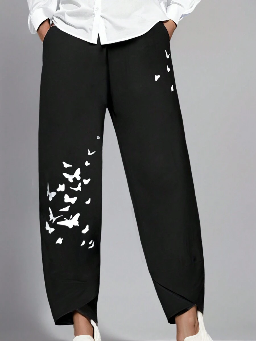 SHEIN LUNE Women's Loose Butterfly Print Harem Pants, Comfortable Soft High Waisted Wide Leg Casual Trousers - Black - View 1