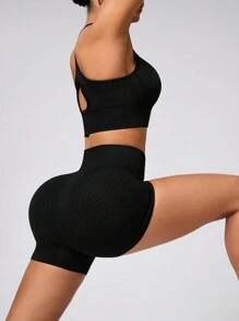 SHEIN Sport Studio Pantalones cortos deportivos sin costuras con cintura elástica de unicolor para el verano, adecuados para yoga y ejercicio