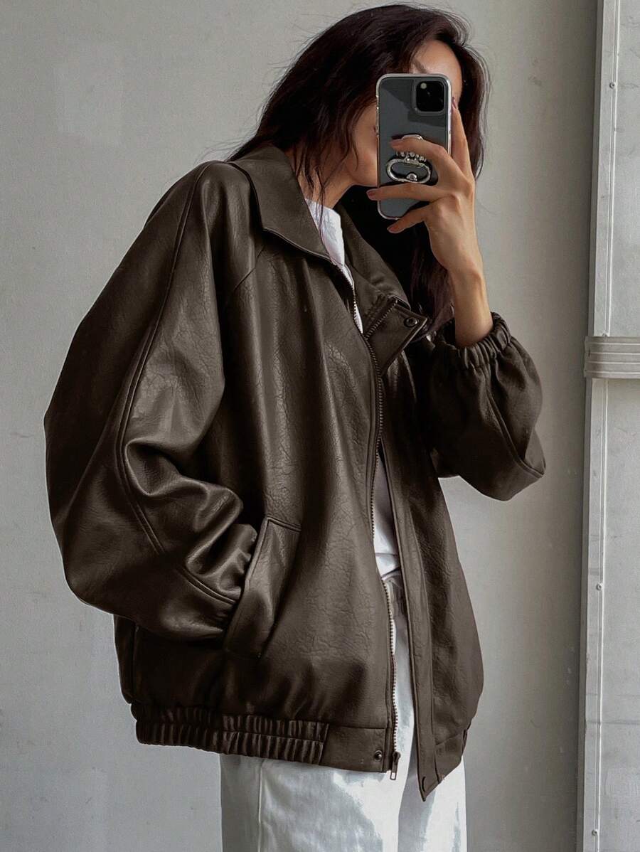 DAZY Women Solid Color Raglan Sleeve Zip-Up Collar Loose Casual PU Jacket For Autumn,Fall Women Clothes Leather Jacket