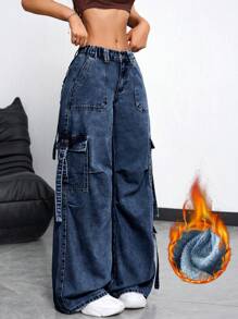 SHEIN EZwear 女式休闲翻盖口袋宽松保暖衬里阔腿牛仔裤 - 藍色 - 查看 1