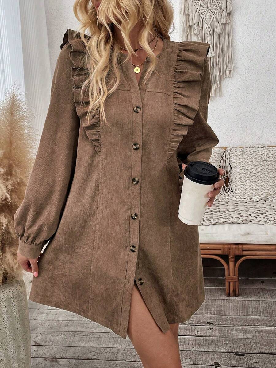 SHEIN Clasi Plain V Neck Front Button Ruffle Hem Long Sleeve Dress - Rust Brown - View 1