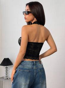 Chiquease Sexy Body-Sculpting Cropped Halter Front Lace Insert Pleated Lace Trim Camisole Top For Women, Apricot/Black, Year-Round