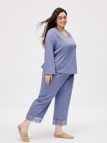 LUVLETTE Bộ đồ ngủ ren cổ chữ V bằng cotton mềm mại và quần dài - Màu xanh bụi bặm - Xem 5