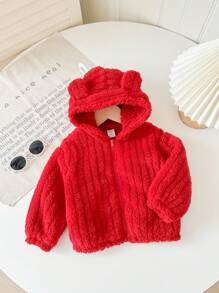 SHEIN Babygirl 秋冬百搭可爱熊耳朵连帽保暖夹克，长袖连帽外套 - 紅色 - 查看 5