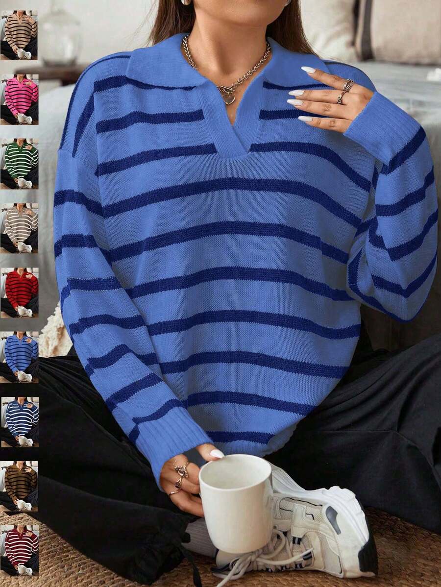 Flirla 大码女式法式条纹翻领落肩长袖针织毛衣，秋冬款 - 彩色 - 查看 1