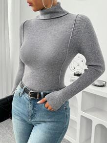 Chiquease Elegant Patchwork Ribbed Turtleneck Top For Women, Autumn & Spring Knit Pullover Fall Winter Outfit - Dark Grey - View 6