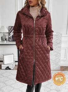 SHEIN Clasi Áo khoác nữ cổ đứng có khóa kéo thường ngày, đơn giản & thời trang, mùa đông - Màu Đỏ Sâu - Xem 3