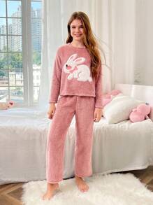 SHEIN Leap Crew Tween Girls' Cute Rabbit Embroidery Crew Neck Long Sleeve Pajama Set With Soft Plush Lining, 2pcs, For Autumn/Winter