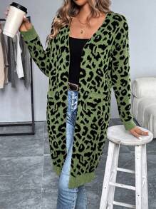 SHEIN LUNE Autumn/Winter Casual Leopard Jacquard Medium-Long Cardigan