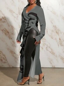 Slaydiva قميص طويل كاجوال للنساء بأكمام طويلة وشق جانبي في الذيل، خريفي - أخضر داكن - مشاهدة 4