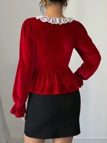 SHEIN Unity Samt Taillenraffung Langarm Damen Bluse, Winter Kleidung für Neujahr - Rot - Übersicht 2