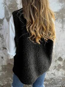 INAWLY Women's Regular Fleece Button Vest Jacket, Autumn/Winter - Black - View 2