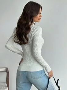 Firerie Women's Elegant Casual Collegiate Style Vintage White Turtle Neck Cable Knit Ribbed Fitted Sweater, Autumn/Winter New Arrival