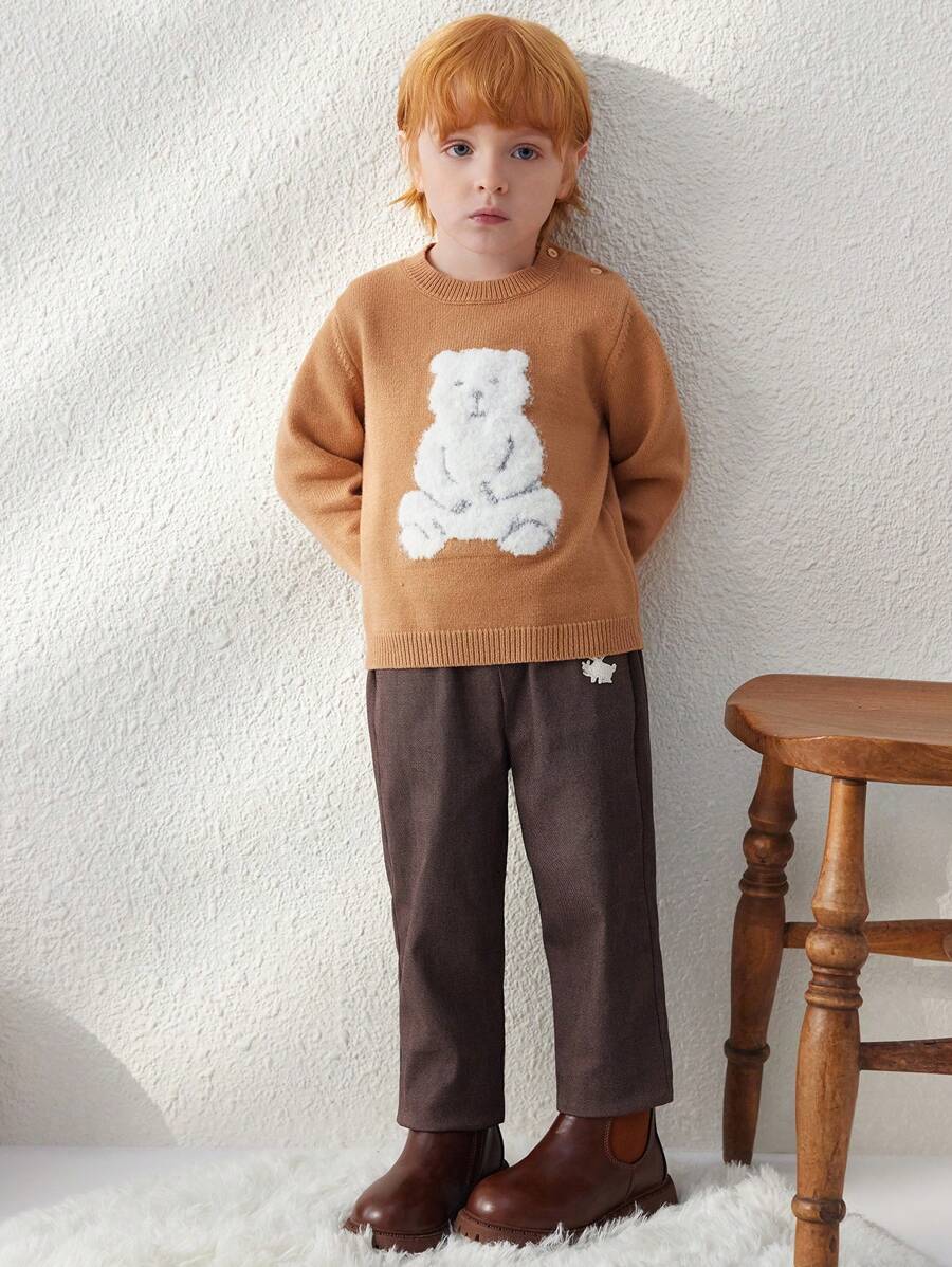 Blossori Young Boys Casual Bear Pattern Sweater, Autumn/Winter - Khaki - View 1