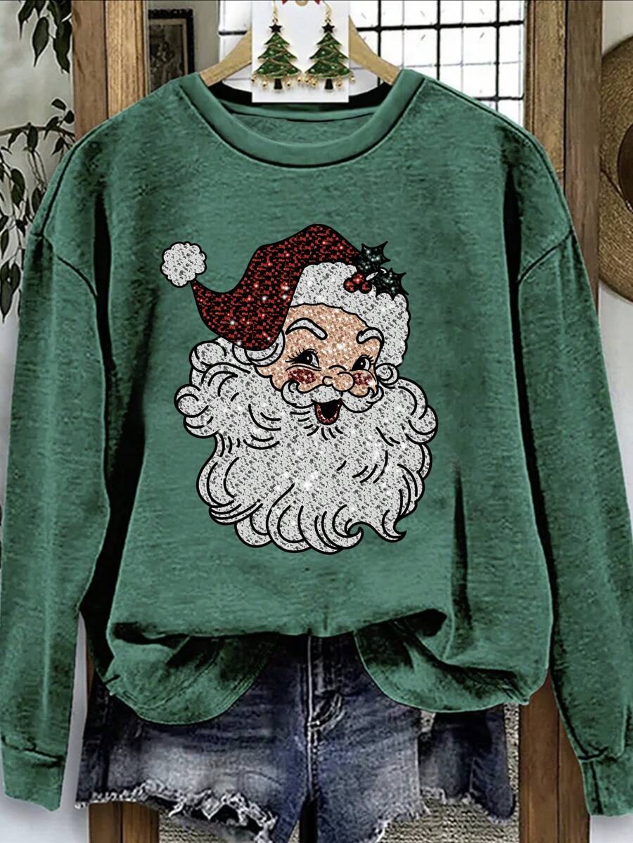 SHEIN LUNE Áo hoodie dài tay cổ tròn in họa tiết ông già Noel giản dị phong cách Giáng sinh rộng rãi, dày dặn cho nữ - Màu xanh lá cây đậm - Xem 1