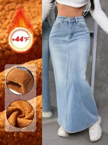 SHEIN EZwear 秋季休闲洗水长款牛仔裙