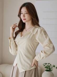 DAZY Áo cánh dài tay cài nút phía trước màu trơn dành cho nữ, trang phục thường ngày, trang phục mùa thu - Màu be - Xem 4